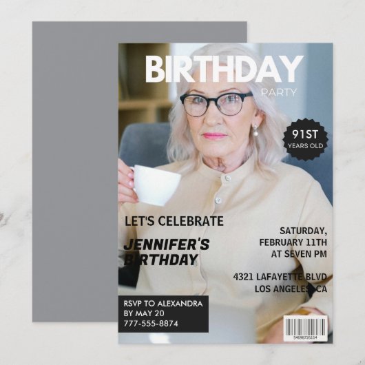 91歳スタイリッシュの誕生日に写真雑誌の表紙 招待状 (正面/裏面)
