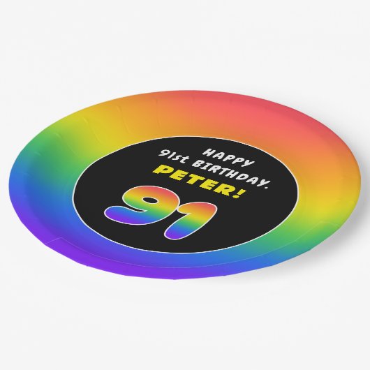 91番目の誕生日カラフル: Rainbow # 91,名前をカスタムする ペーパープレート (アングル)