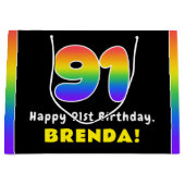 91番目の誕生日カラフル: Rainbow # 91,名前をカスタムする ラージペーパーバッグ (正面)