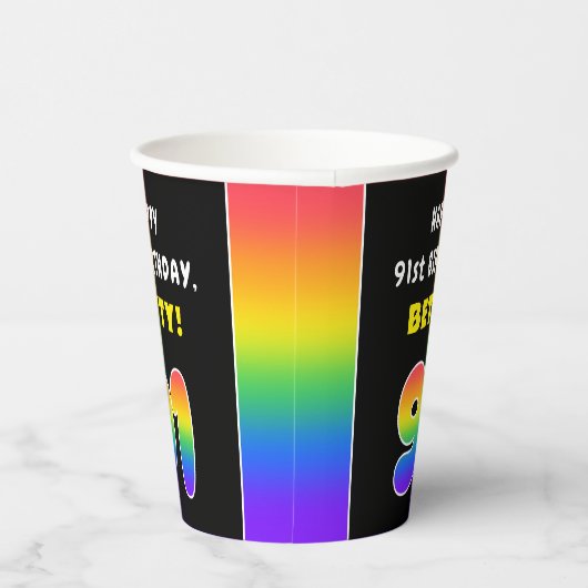 91番目の誕生日カラフル: Rainbow # 91,名前をカスタムする 紙コップ (右)