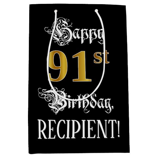 91番目の誕生日ファンシー～スクリプトフェイク;金ゴールド検索；名前 ミディアムペーパーバッグ (正面)