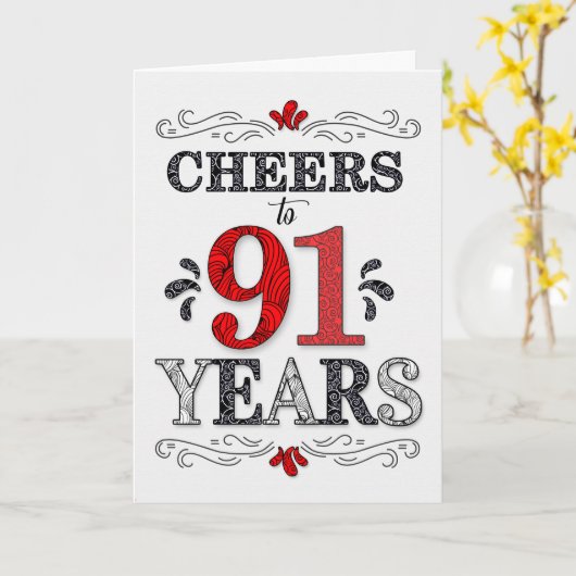 91番目の誕生日応援の赤い白の黒いパターン カード (黄色い花)