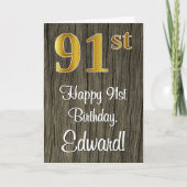 91番目の誕生日:エレガントフェイク金ゴールドルック#、フェイク木材 カード (正面)