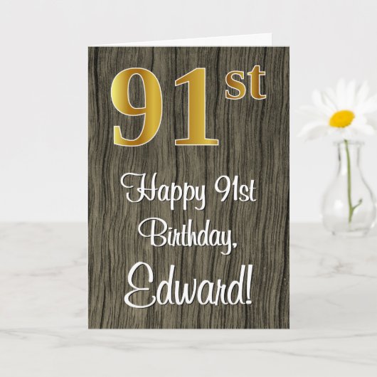 91番目の誕生日:エレガントフェイク金ゴールドルック#、フェイク木材 カード (小さな植物)