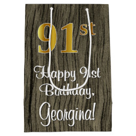 91番目の誕生日:エレガントフェイク金ゴールドルック#、フェイク木材 ミディアムペーパーバッグ