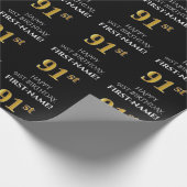 91番目の誕生日: エレガント、黒、フェイク金ゴールド ラッピングペーパー (角)