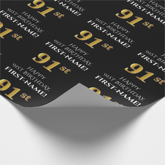 91番目の誕生日: エレガント、黒、フェイク金ゴールド ラッピングペーパー (角)