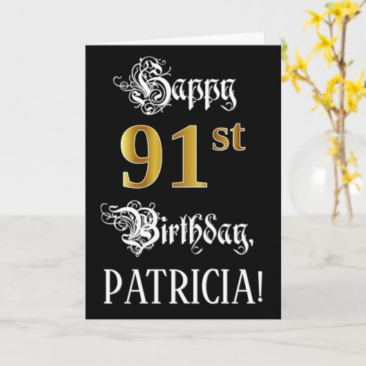 91番目の誕生日:ファンシースクリプト、フェイク金ゴールド・ルック、名前 カード (黄色い花)