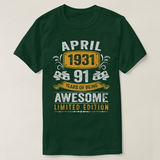 91誕生日ギフト男性ヴィンテージ1931年4月91年 Tシャツ (デザイン正面)