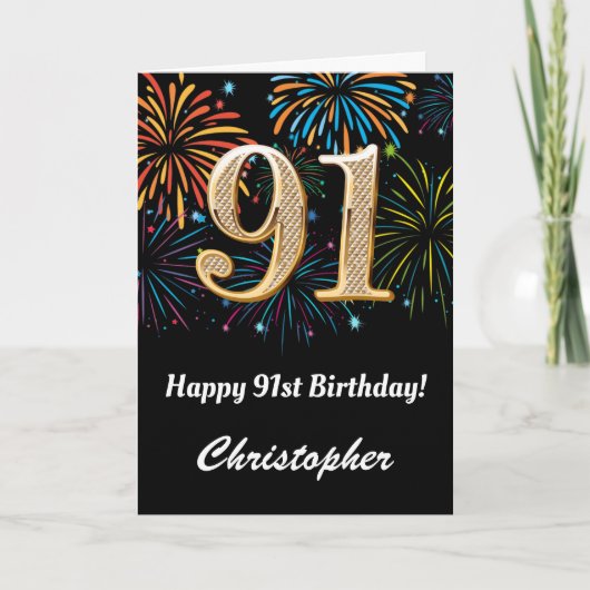 91誕生日レインボー花火ブラック&金ゴールド カード (正面)