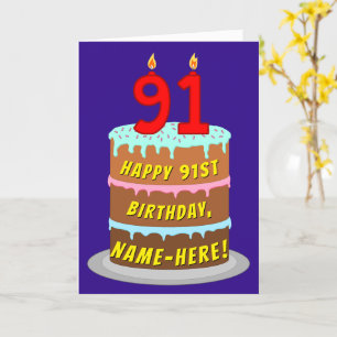 91誕生日:おもしろいケーキとキャンドル+名前をカスタムする カード