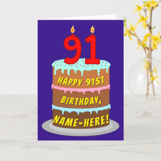 91誕生日:おもしろいケーキとキャンドル+名前をカスタムする カード
