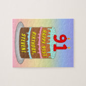 91誕生日:おもしろいケーキとキャンドル+名前をカスタムする ジグソーパズル (横)