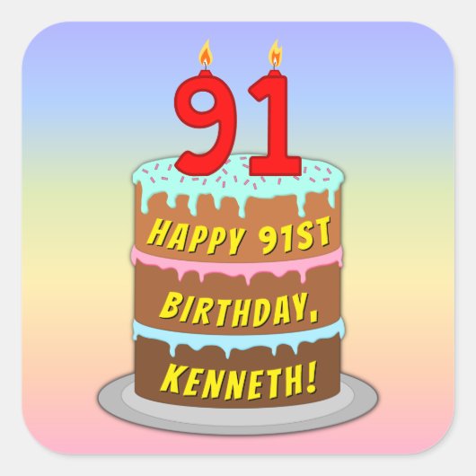 91誕生日:おもしろいケーキとキャンドル+名前をカスタムする スクエアシール (正面)