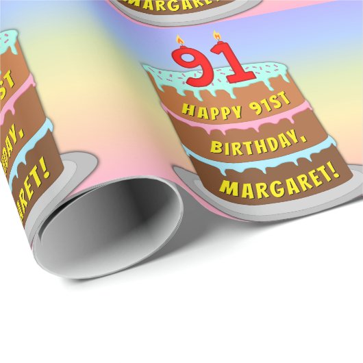 91誕生日:おもしろいケーキとキャンドル+名前をカスタムする ラッピングペーパー (ロールコーナー)