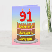 91誕生日—おもしろいケーキ&キャンドル、名前をカスタムする付き カード (正面)