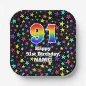 91誕生日:おもしろいスター柄と虹"91" ペーパープレート (正面)