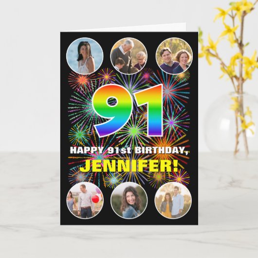 91誕生日:おもしろいレインボー#,名前をカスタムする&写真 カード (黄色い花)