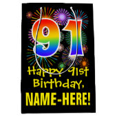 91誕生日:おもしろい花火パターン+虹91 ミディアムペーパーバッグ (正面)