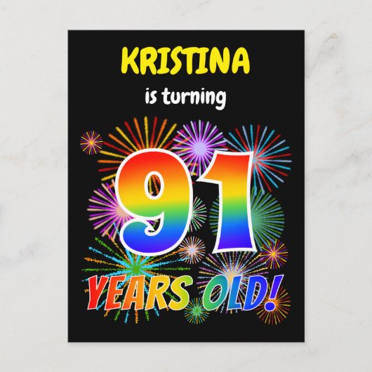 91誕生日-おもしろい花火、レインボールック"91" ポストカード (正面)
