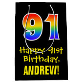 91誕生日:おもしろい、はっきりした、カラフルレインボー「91」 ミディアムペーパーバッグ (正面)
