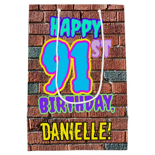 91誕生日:おもしろい、アーバングラフィティインスパイアルック ミディアムペーパーバッグ (裏面)