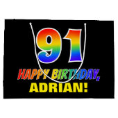 91誕生日:はっきりした,おもしろい,シンプル虹， 91 ラージペーパーバッグ (裏面)