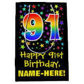 91誕生日:カラフルスターズパターン&レインボー91 ミディアムペーパーバッグ (正面)