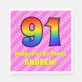 91誕生日：ピンクストライプのハート、レインボー# 91 スタンダードランチョンナプキン