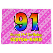 91誕生日:ピンクストライプのハート、レインボー# 91 ラージペーパーバッグ (正面)