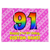 91誕生日:ピンクストライプのハート、レインボー# 91 ラージペーパーバッグ (裏面)