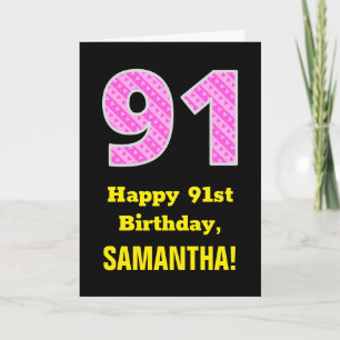 91誕生日:ピンクストライプ色のハートと"91" +名前 カード