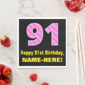 91誕生日：ピンクストライプ色のハートと"91" +名前 スタンダードランチョンナプキン (インサイチュ)