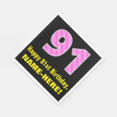 91誕生日：ピンクストライプ色のハートと"91" +名前 スタンダードランチョンナプキン (角)