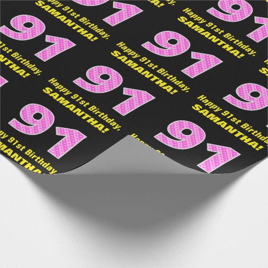 91誕生日:ピンクストライプ色のハートと"91" +名前 ラッピングペーパー (角)