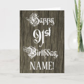91誕生日:、ファンシーエレガント文字フェイク、木目 カード (正面)