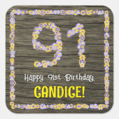 91誕生日:フローラ番号、フェイク木目、名前 スクエアシール (正面)