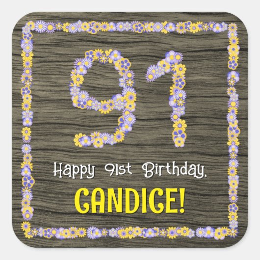 91誕生日:フローラ番号、フェイク木目、名前 スクエアシール (正面)