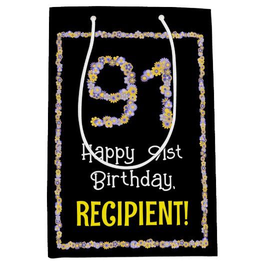 91誕生日:フローラ花数、名前をカスタムする ミディアムペーパーバッグ (正面)