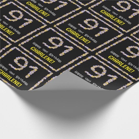 91誕生日:フローラ花数、名前をカスタムする ラッピングペーパー (角)