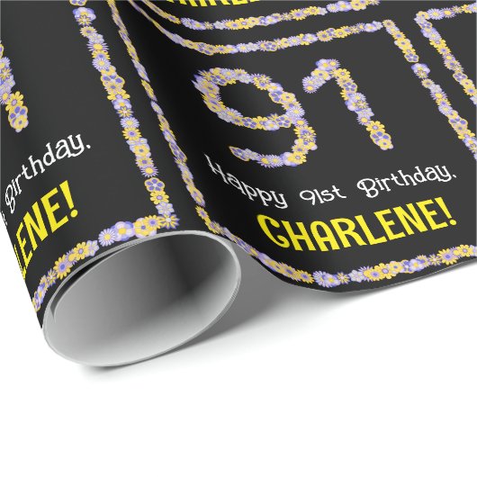 91誕生日:フローラ花数、名前をカスタムする ラッピングペーパー (ロールコーナー)