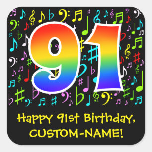 91誕生日:ミュージカラフルックシンボル，レインボー91 スクエアシール