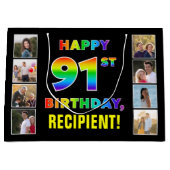91誕生日:レインボー文字カスタム、写真&名前 ラージペーパーバッグ (正面)