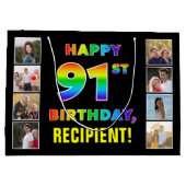 91誕生日:レインボー文字カスタム、写真&名前 ラージペーパーバッグ (裏面)