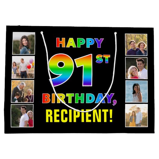 91誕生日:レインボー文字カスタム、写真&名前 ラージペーパーバッグ (裏面)