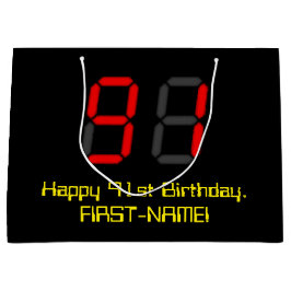91誕生日：レッドデジタルクロックスタイル"91" +名前 ラージペーパーバッグ
