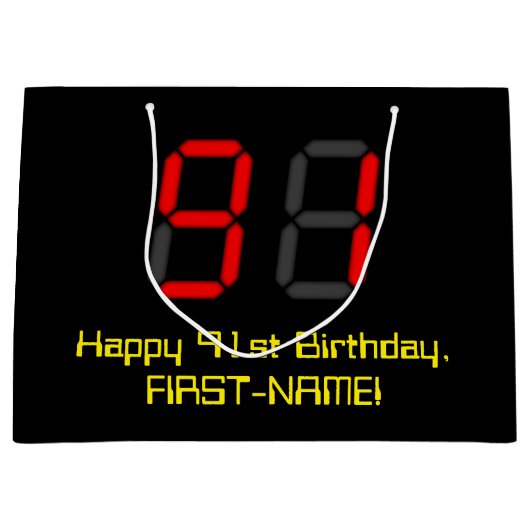 91誕生日：レッドデジタルクロックスタイル"91" +名前 ラージペーパーバッグ (正面)