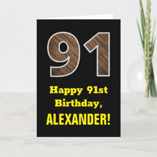 91誕生日:名前フェイク、木目パターン「91」 カード