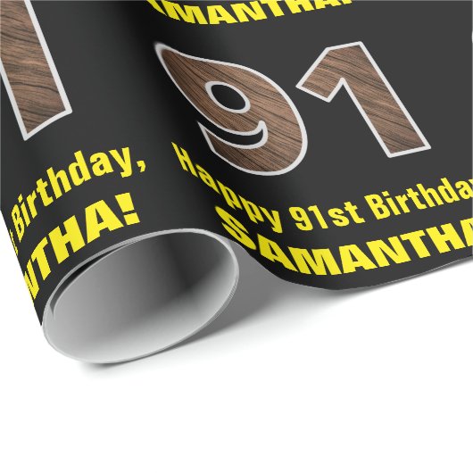 91誕生日:名前フェイク&木目パターン「91」 ラッピングペーパー (ロールコーナー)