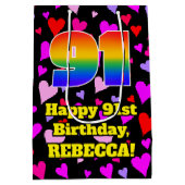 91誕生日：愛するハートパターン、虹# 91 ミディアムペーパーバッグ (裏面)